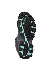 Schwarze Sportschuhsohle aus strukturiertem Gummi mit blauen Akzenten und multidirektionalen Stollen für besseren Halt.