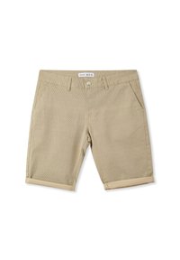 Pantaloni shorts beige realizzati in tessuto testurizzato, con chiusura a bottone, due tasche frontali e orli arrotolati. Design semplice con dettagli sottili.