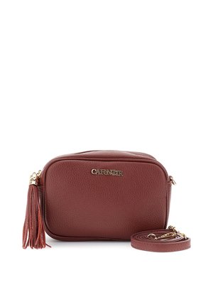 Piccola borsa a tracolla in pelle color bordeaux con hardware dorato, chiusura con zip e un tassello decorativo. Presenta una tracolla regolabile per maggiore comodità.