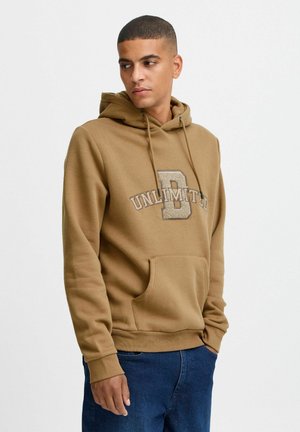 Brown hooded sweatshirt with "UNLIMITED" and a stylized letter "D" in metallic print. Features a front pocket and ribbed cuffs.