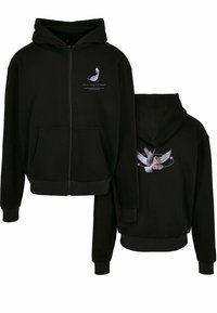 Sudadera negra con cremallera hecha de algodón, con un bolsillo frontal y un gráfico de pluma morada en el pecho y un diseño de ave en la parte de atrás.