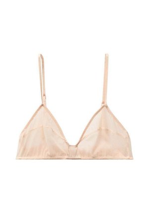 Dreieckiger Bralette aus nude-farbenem Stoff, mit dünnen, verstellbaren Trägern und nahtlosen Kanten, einer glatten Textur und zarten Stickdetails.