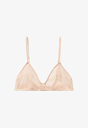 Trikotna bralette iz nude tkanine, s tankimi nastavljivimi naramnicami in brezšivnimi robovi, z gladko teksturo in nežnimi šivalnimi detajli.