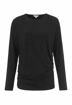 Sort langærmet top lavet af blødt stof. Har rund halsudskæring og draperet detalje på siden for ekstra tekstur. Klassisk design.