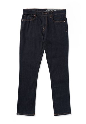 Jeans in denim scuro con taglio dritto, cuciture arancioni, design a cinque tasche e chiusura classica con bottone e zip.