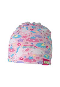 Gorro rosa con un patrón divertido de unicornios, flores, estrellas y nubes en varios colores pastel. Incluye una etiqueta de marca vibrante.