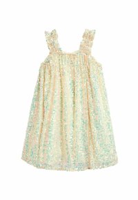 Robe à sequins dans des teintes pastel avec des bretelles volantes, un corsage froncé et une jupe évasée, présentant une texture scintillante sur toute la surface.