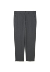 Grau maßgeschneiderte Hose mit glatter Textur, ausgestattet mit einem Knopfverschluss, Gürtelschlaufen und praktischen Seitentaschen. Slim-Fit-Design.