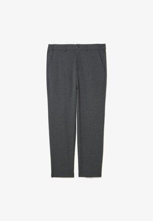 Grau maßgeschneiderte Hose mit glatter Textur, ausgestattet mit einem Knopfverschluss, Gürtelschlaufen und praktischen Seitentaschen. Slim-Fit-Design.