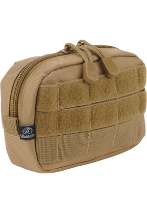Tan nylon pouch with a textured front and velcro section, zip closure, and dual pulls. Features grid-patterned webbing for attachments.