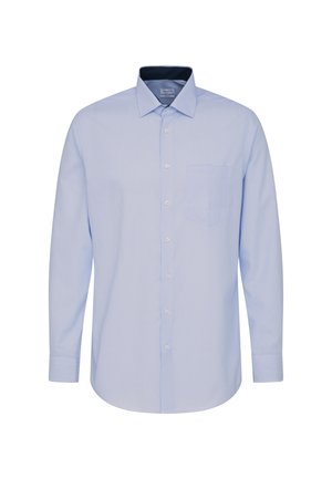 Camicia da uomo azzurro chiaro a maniche lunghe con bottoni, taschino sul petto e fodera interna del colletto con motivo scuro.