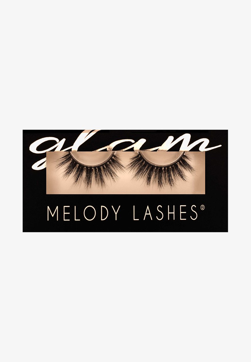 Packaging nero con "Glam" in corsivo bianco e "Melody Lashes" in oro. Due paia di ciglia finte lunghe e voluminose nere esposte all'interno.
