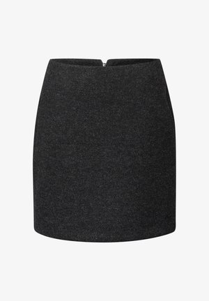 Black flared skirt made of textured fabric, featuring a concealed zipper closure at the back. Simple design with a clean silhouette.
