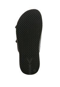 Zwarte sandaalzool met een zigzagpatroon voor grip. Gemaakt van rubber met gegraveerde branding en een opvallende hakaccent.
