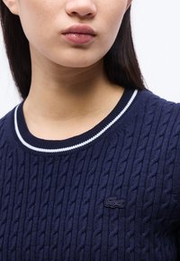 Νεαρό άτομο που φοράει σκούρα μπλε πουλόβερ με πλέξη καλώδιο, λευκή επένδυση στη γραμμή του λαιμού και κεντημένο λογότυπο στο στήθος.