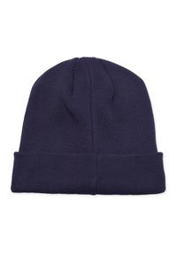 Merenkblu knit-pipo, jossa on taitettu resori, tekstuuri kangas ja hienovaraiset saumoja kruunussa, sopii lämpimyyteen ja mukavuuteen.