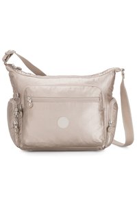 Beige nylon shoulder bag with a satin finish, featuring a zippered front pocket, adjustable strap, and metallic hardware accents.