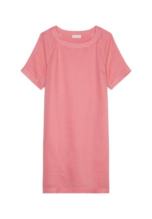 Rosa kortärmad klänning med rund nacke, tillverkad av lättviktig tyg; har en avslappnad passform och enkel design, utan mönster eller detaljer.