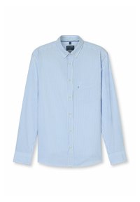 Hellblau-weiß gestreift, langärmliges Hemd mit Button-down-Kragen, Brusttasche und Knopfverschluss aus weichem Stoff.