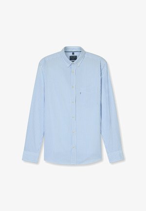 Lichtblauw en witte gestreepte blouse met lange mouwen, een button-down kraag, een borstzak en knoopsluitingen, gemaakt van een zachte stof.