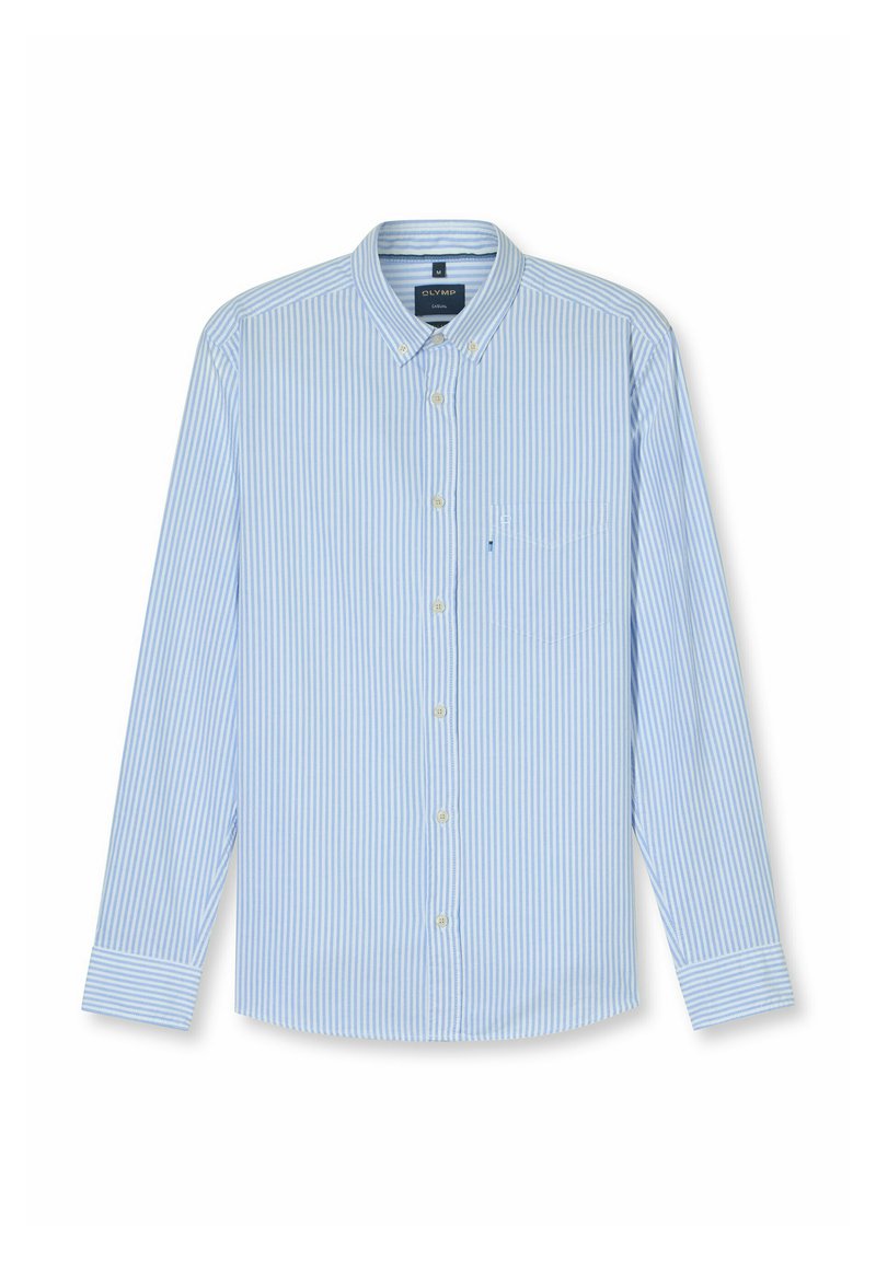 Hellblau-weiß gestreift, langärmliges Hemd mit Button-down-Kragen, Brusttasche und Knopfverschluss aus weichem Stoff.
