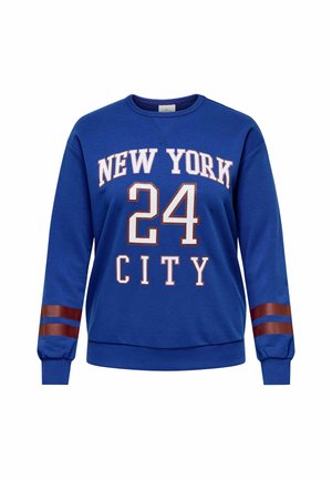 Niebieska bluza z nadrukiem "NEW YORK 24 CITY" w kolorze białym i pomarańczowym. Posiada brązowe paski na rękawach oraz okrągły dekolt.