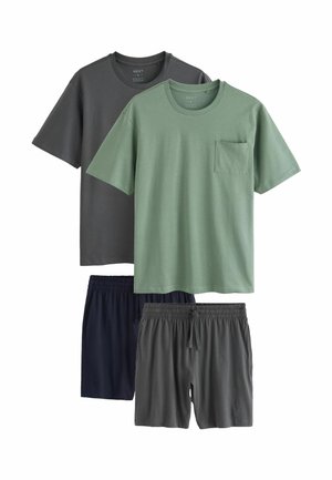 Two short-sleeve t-shirts in gray and green, and two pairs of shorts in navy and gray. Smooth cotton texture, casual design, and elastic waistbands.