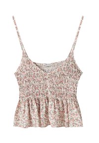 Blomstret cami-top med tynde stropper, samlet tekstur, V-hals og udvidet kant; har pink og grønne blomster på en lys baggrund.