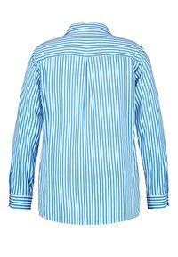 Blue and white striped long-sleeve shirt featuring a collar, buttoned cuffs, and a back pleat, with a smooth fabric texture.