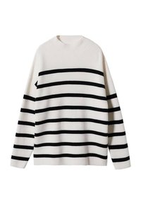 Pull en maille blanche à manches longues avec des rayures noires horizontales uniformément espacées sur le corps et les manches.