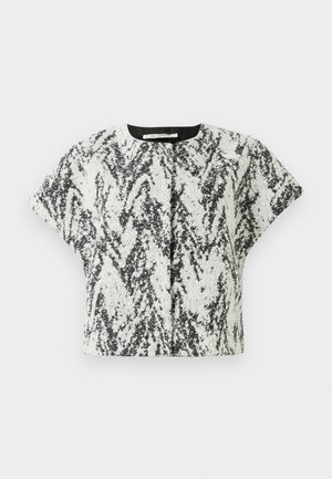 Short-sleeve textured jacket with black and white abstract zigzag pattern and round neckline against a plain white background.