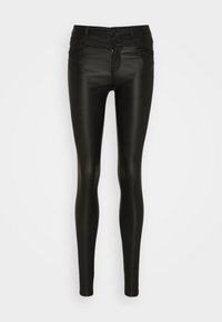 Zwarte neplederen legging met een gladde textuur, hoge taille en een ritsopening. Voorzien van gestikte details en voorzakken.