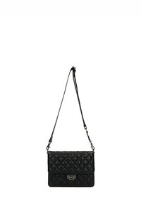 Sac bandoulière en cuir noir matelassé de forme rectangulaire, avec une fermeture à rabat magnétique et un accent en métal décoratif sur le devant.