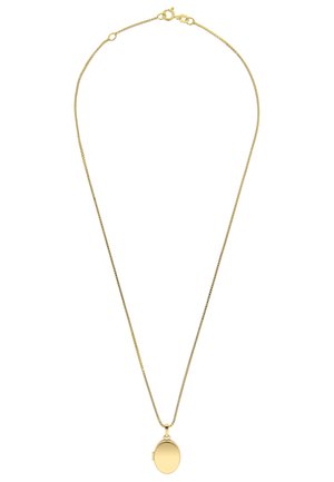 Halskette in Goldoptik mit feiner Kette und ovalem Medaillonanhänger. Der Anhänger verfügt über eine glatte, spiegelnde Oberfläche und einen einfachen Verschluss.