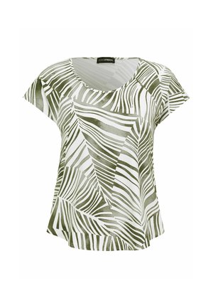 White short-sleeve blouse with olive-green abstract zebra stripe pattern and round neckline.