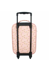 Harde rolkoffer met een bloemig patroon in roze en beige, zwart uittrekbaar handvat en vier wielen voor mobiliteit.