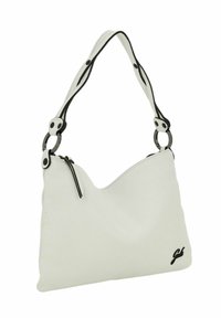Borsa a tracolla in pelle bianca con una silhouette elegante, forma curva, accenti neri a contrasto e chiusura con zip. Presenta un design unico della tracolla.