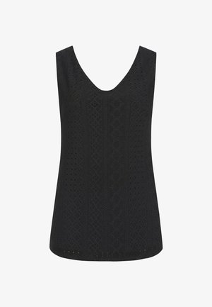 Haut sans manches noir avec un décolleté en V, en tissu texturé avec un motif géométrique et des découpes intriquées.