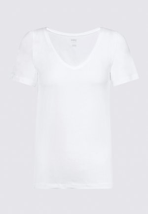 Valkoinen lyhythihainen t-paita syvällä V-kaula-aukolla, valmistettu pehmeästä kankaasta. Paita on yksinkertainen, ilman kuvioita tai koristeita.