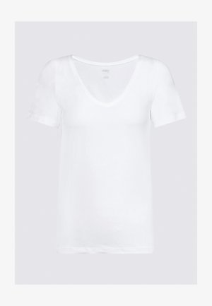 T-shirt bianco a maniche corte con scollatura a V profonda, realizzato in tessuto morbido, con un design semplice senza motivi o dettagli.