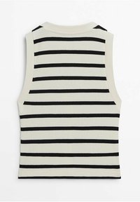 Top senza spalline a costine con righe orizzontali bianche e nere, dalla forma aderente e dalla texture liscia.