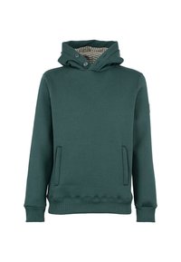 Felpa verde in cotone misto con una fodera interna a quadretti, dotata di cappuccio con doppio bottone e tasche laterali, polsini e orlo a costine.