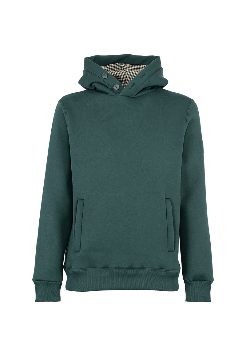 Felpa verde in cotone misto con una fodera interna a quadretti, dotata di cappuccio con doppio bottone e tasche laterali, polsini e orlo a costine.