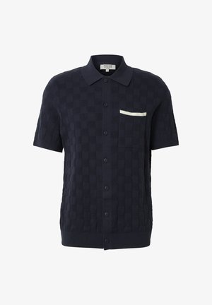 Marineblå kortermet skjorte med knappelukking, teksturert rutemønster, spiss krage, frontlomme med hvit kant og ribbet kant.