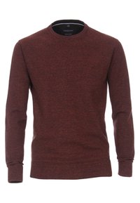 Gebreide sweater met ronde hals in een donkerroodbruine tint. Beschikt over lange mouwen en geribbelde boorden. Zachte katoenmix met een gestructureerd patroon.