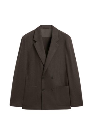 Brun dobbeltradet blazer lavet af blødt, struktureret stof. Har en reverskrave og to forlommer.