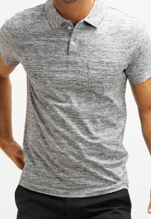 Gray heather polo shirt with a collared neckline, three-button placket, and a left chest pocket. Short sleeves and soft texture.