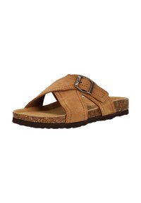 Sandales à glissière en suede marron avec un design à lanières croisées, boucle en métal argenté réglable, semelle en liège et semelle en caoutchouc texturé.