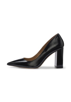 Escarpin noir en cuir à talon haut avec bout pointu et talon bloc, vue latérale montrant une finition lisse et une doublure intérieure beige.