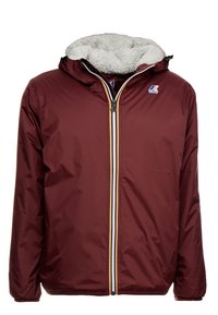 Giacca a zip color bordeaux con foderato in pile bianco, polsini elastici, cappuccio e cerniera a righe con un piccolo logo sul petto.